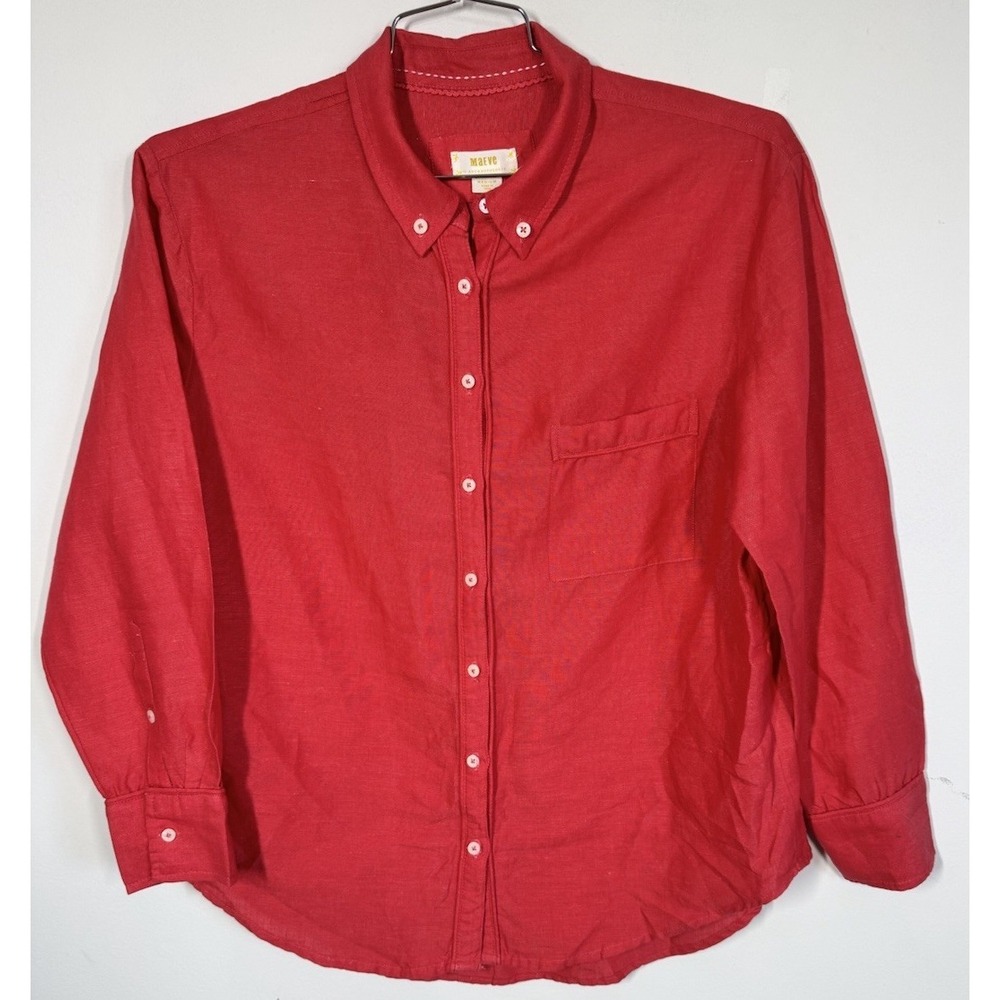 Maeve‎ Anthropologie Poppy Red Linen Blend Long Sleeve Button Up Shirt Women's M
